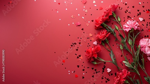 Mother's Day fashionable layout: Overhead shot of fresh carnations, sentimental message, tiny hearts, and confetti on a delicate red surface, with blank space for words or adverts 