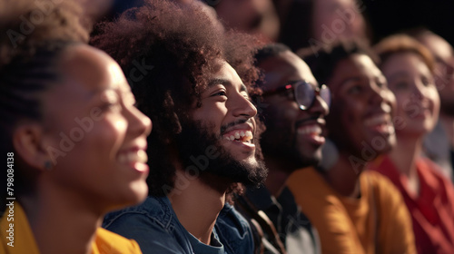 Close-up, diverse theatre audience, expressions of awe and amusement during a captivating scene, emotional connection to the performance