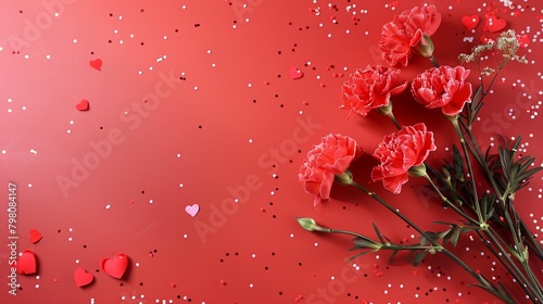 Mother's Day fashionable layout: Overhead shot of fresh carnations, sentimental message, tiny hearts, and confetti on a delicate red surface, with blank space for words or adverts	 photo