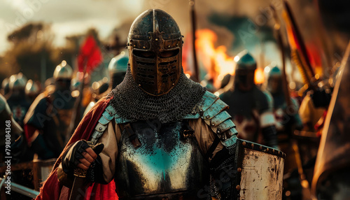 historical reenactment, medieval knights embody valor and chivalry, charging into battle with raised swords.