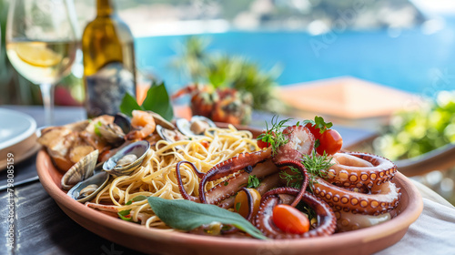 Italian seafood delicacies, including grilled octopus and linguine alle vongole, served on a terracotta platter with a seaside backdrop, capturing the essence of coastal Italian flavors photo