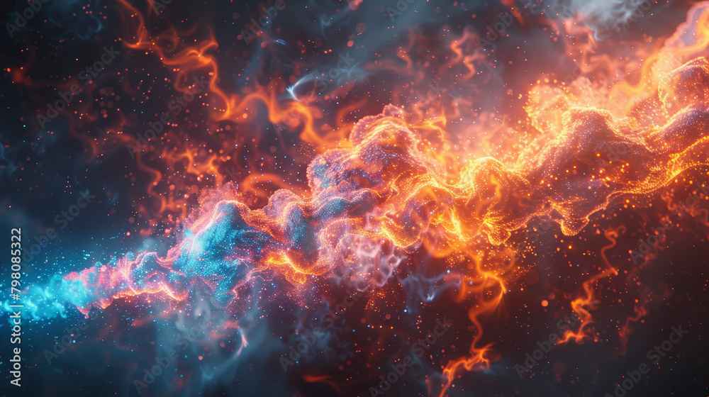 Digital artwork of a fiery cosmic scene with vibrant orange and blue swirling energy resembling a galactic explosion or nebula.