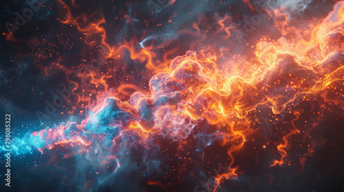 Digital artwork of a fiery cosmic scene with vibrant orange and blue swirling energy resembling a galactic explosion or nebula. © Na-No Photos