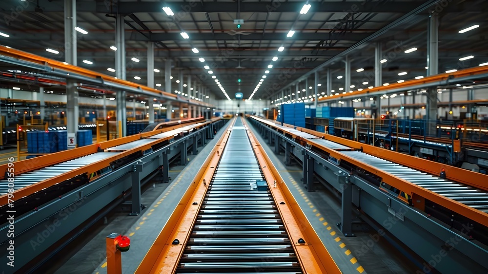 Efficient logistics hub with conveyor belts and sorting machines streamlining package movement. Concept Logistics Automation, Conveyor Belt Efficiency, Package Sorting, Streamlined Movement