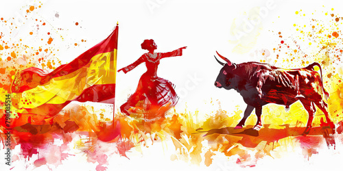 Spanish Flag with a Flamenco Dancer and a Bullfighter - Visualize the Spanish flag with a flamenco dancer representing Spain's flamenco culture and a bullfighter
