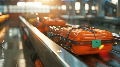 luggage, a row of luggage sits on the airport baggage belt. focus the background blurred 