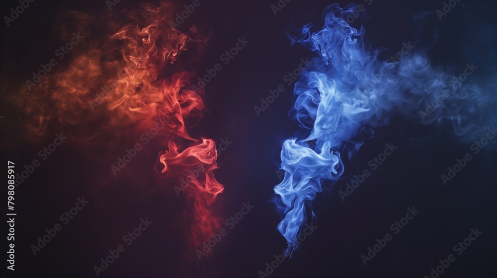 A wallpaper of two flames, one red and the other blue, smoke between them against a dark background.