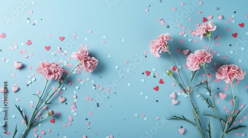 Mother's Day fashionable layout: Overhead shot of fresh carnations, sentimental message, tiny hearts, and confetti on a delicate blue surface, with blank space for words or adverts 