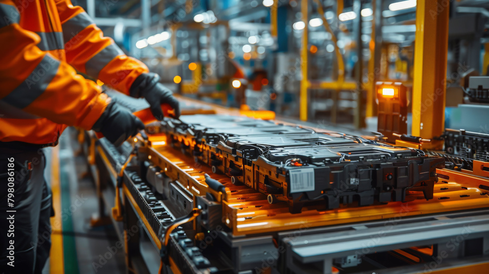 Worker inspecting automotive parts on an assembly line in an industrial factory setting with safety gear and manufacturing equipment. Worker inspecting automotive parts on an assembly line in an industrial factory setting with safety gear and manufacturing equipment.