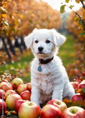 one cute little white puppy is sitting in an apple