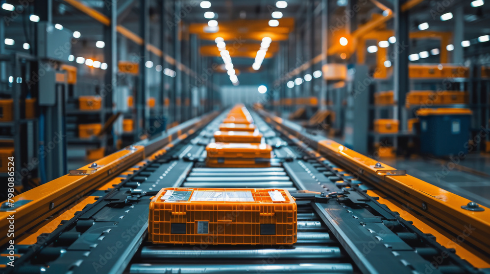 Modern automated warehouse with conveyors and orange storage boxes, illustrating efficient logistics and technology in a distribution center. Modern automated warehouse with conveyors and orange storage boxes, illustrating efficient logistics and technology in a distribution center.