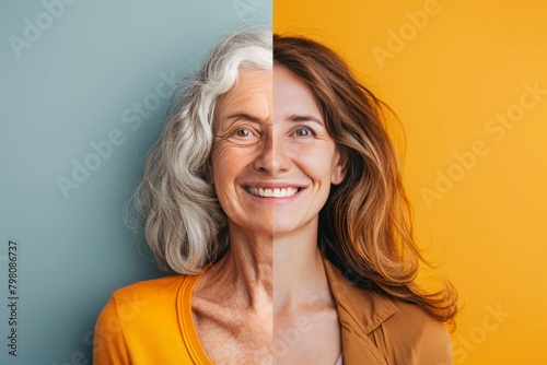 Halves in aging portrayal hair cosmetics and aging split representation visualized in detailed portrait of aging therapies.