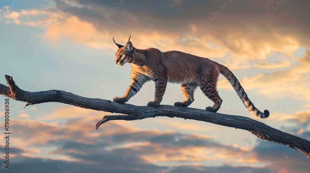 Graceful caracal strolling on a branch with majestic sky background - wildlife photography Graceful caracal strolling on a branch with majestic sky background - wildlife photography