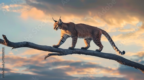 Graceful caracal strolling on a branch with majestic sky background - wildlife photography photo