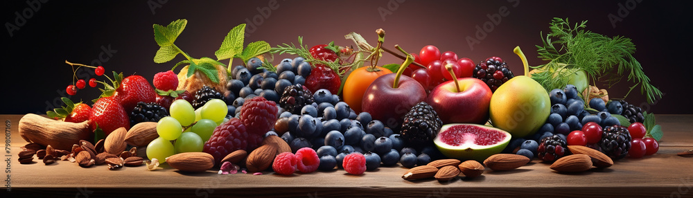 A variety of fruits and nuts are arranged on a wooden table. A variety of fruits and nuts are arranged on a wooden table.