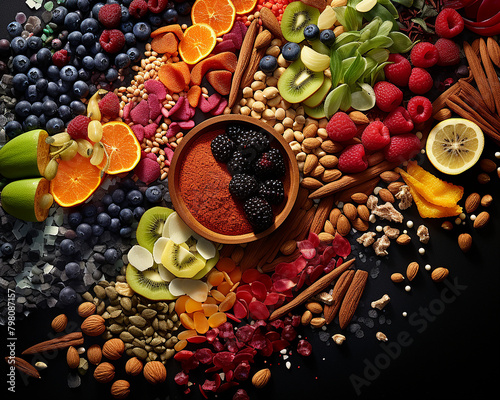 A variety of colorful fruits, vegetables, nuts, and seeds are arranged on a black background.