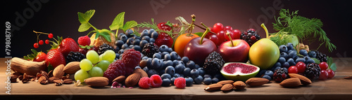 A variety of fruits and nuts are arranged on a wooden table.