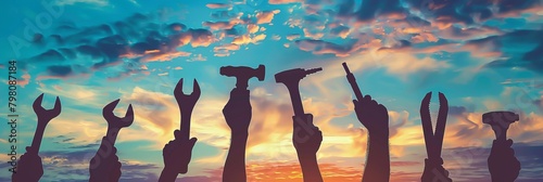 Digital composite of Silhouette hands holding tools against sky, worker's day, labor day photo