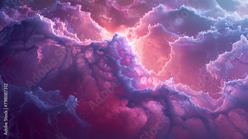 a painting of clouds and stars in the sky with a pink and blue hued background