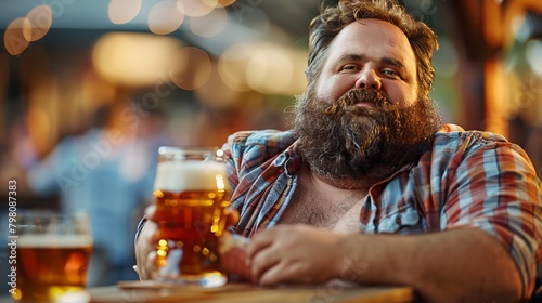 a man with a beard sitting at a table with two beers in front of him