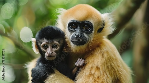 Adorable close-up: yellow cheeked gibbon mother and child in lush forest habitat