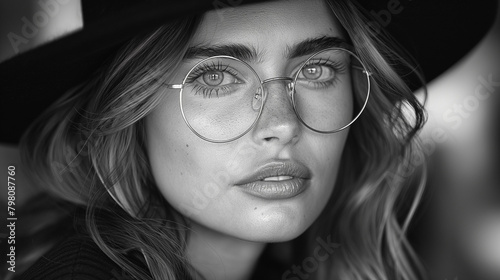 A retro black-and-white shot of a girl in a hat and glasses recreates the atmosphere of style and elegance, takes us back to the distant times of sublime beauty and grace photo