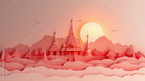 Stylized illustration of a Southeast Asian temple complex with towering spires, surrounded by trees under a large, glowing sun and birds.