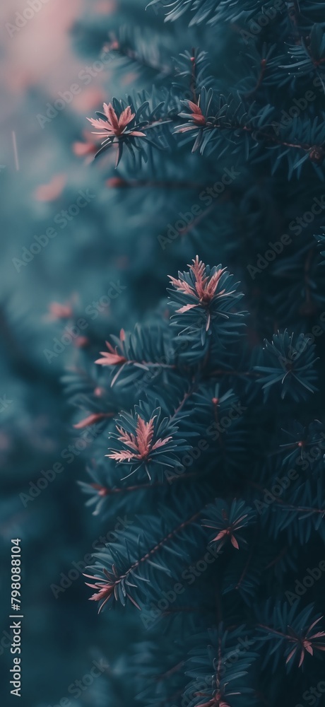 a close up of a pine tree with red leaves on it's branches and a blurry background.. a close up of a pine tree with red leaves on it's branches and a blurry background..