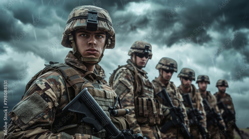 Portrait of a brave male soldier with his unit, all in matching military uniforms, symbolizing camaraderie and readiness, under a stormy sky Portrait of a brave male soldier with his unit, all in matching military uniforms, symbolizing camaraderie and readiness, under a stormy sky