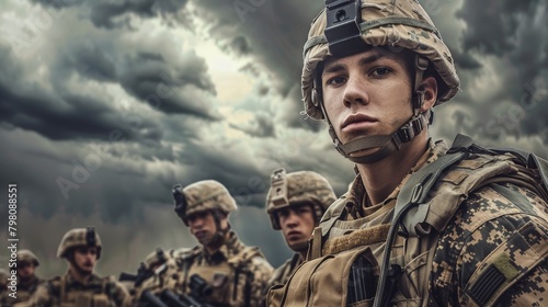 Portrait of a brave male soldier with his unit, all in matching military uniforms, symbolizing camaraderie and readiness, under a stormy sky
