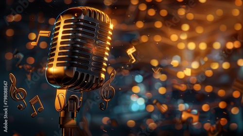 Portrait view of a vintage golden microphone, accentuated by a curtain of glowing musical notes and a haze of warm bokeh, perfect for an album cover