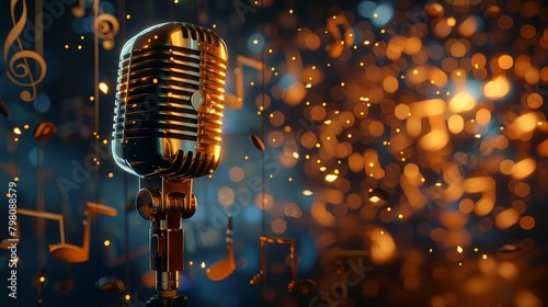 Portrait view of a vintage golden microphone, accentuated by a curtain of glowing musical notes and a haze of warm bokeh, perfect for an album cover