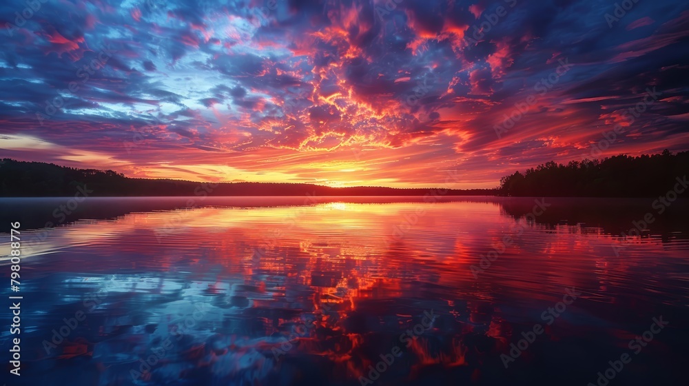 Realistic depiction of a vibrant sunset over a serene lake, with the colorful sky reflecting beautifully on the water's surface