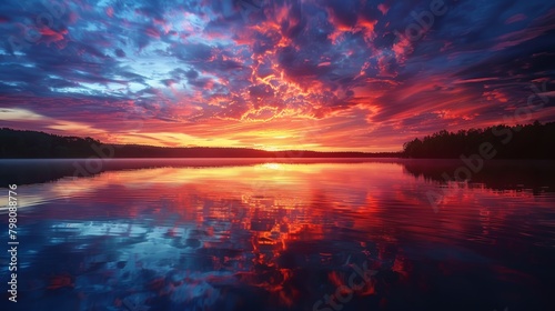 Realistic depiction of a vibrant sunset over a serene lake, with the colorful sky reflecting beautifully on the water's surface