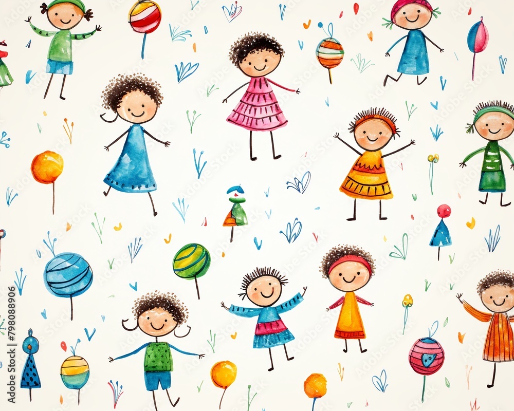 Diverse kids playing, drawn with continuous lines, for a cheerful print fabric ,  illustration