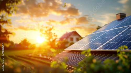Solar panels equipped on a house roof, captured up close and realistically, demonstrating eco-friendly energy amidst nature photo