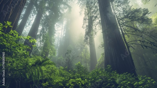 Soft light filtering through a canopy of towering redwoods  the fog adding a mystical quality to the lush  green forest understory