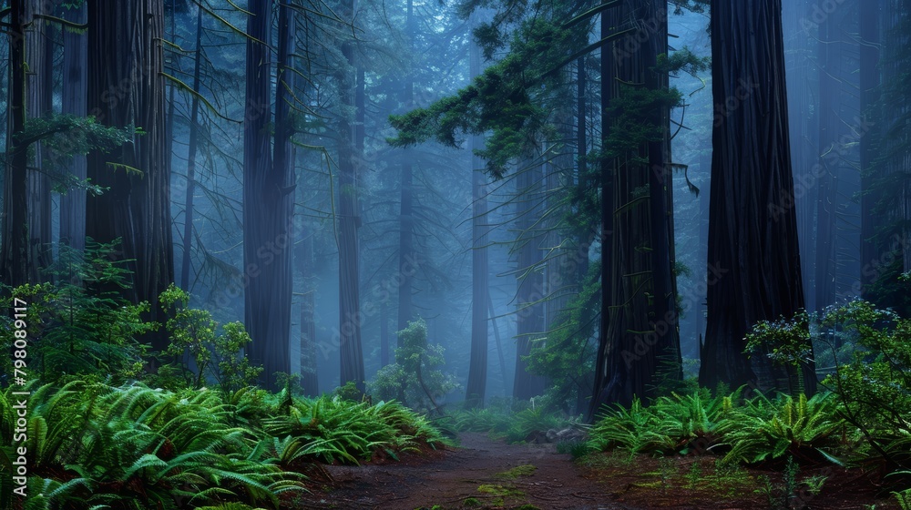 Fototapeta premium Tall redwood trees piercing through dense fog, the forest floor carpeted with ferns, capturing the quiet majesty of an untouched natural world