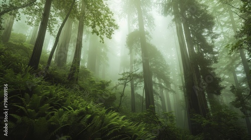 Tall redwood trees piercing through dense fog  the forest floor carpeted with ferns  capturing the quiet majesty of an untouched natural world