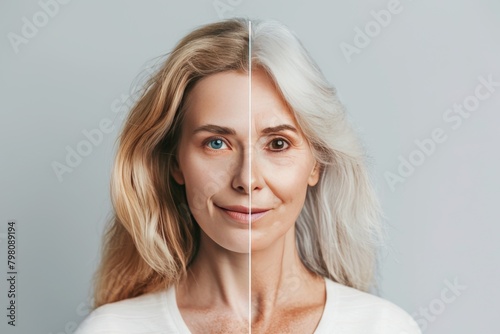 Biological aging's beauty standards illustrated aging chin shapes, depicting aging and dry scalp perceptions with minimal lines.