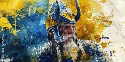 Swedish Flag with a Viking and a Furniture Designer - Picture the Swedish flag with a Viking representing Sweden's historical heritage and a furniture designer photo