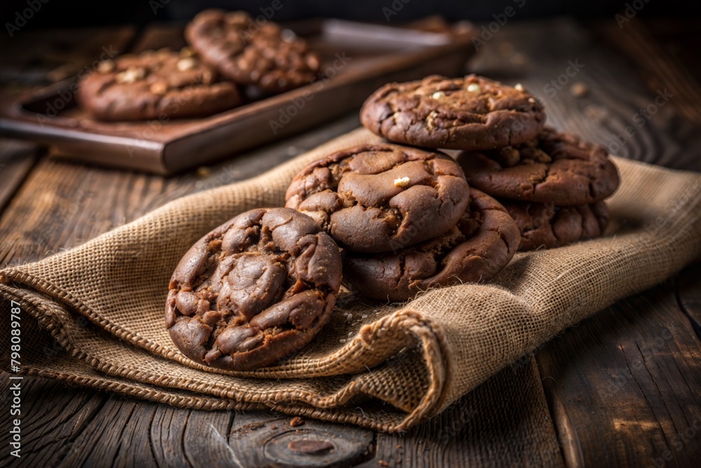 Delicious homemade dark chocolate cookies on a cloth i n dark. Delicious homemade dark chocolate cookies on a cloth i n dark.