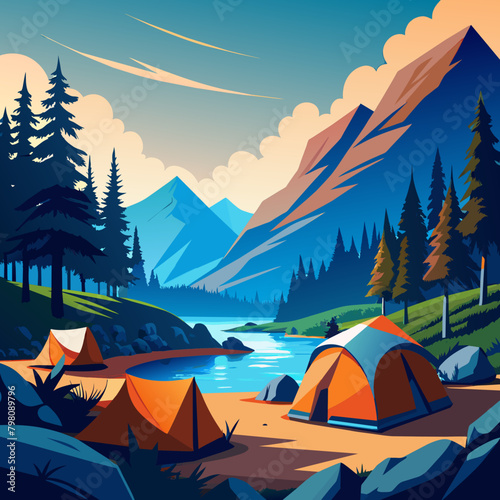 illustration of camping on the lake