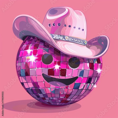 A playful and vibrant illustration of a disco ball emoji sporting a pink cowboy hat with sparkles reflecting light