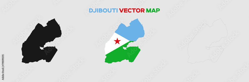 Djibouti Map Vector Pack. Map with Flag. Gray Map Silhouette. Gray Outline Map. Editable EPS file.