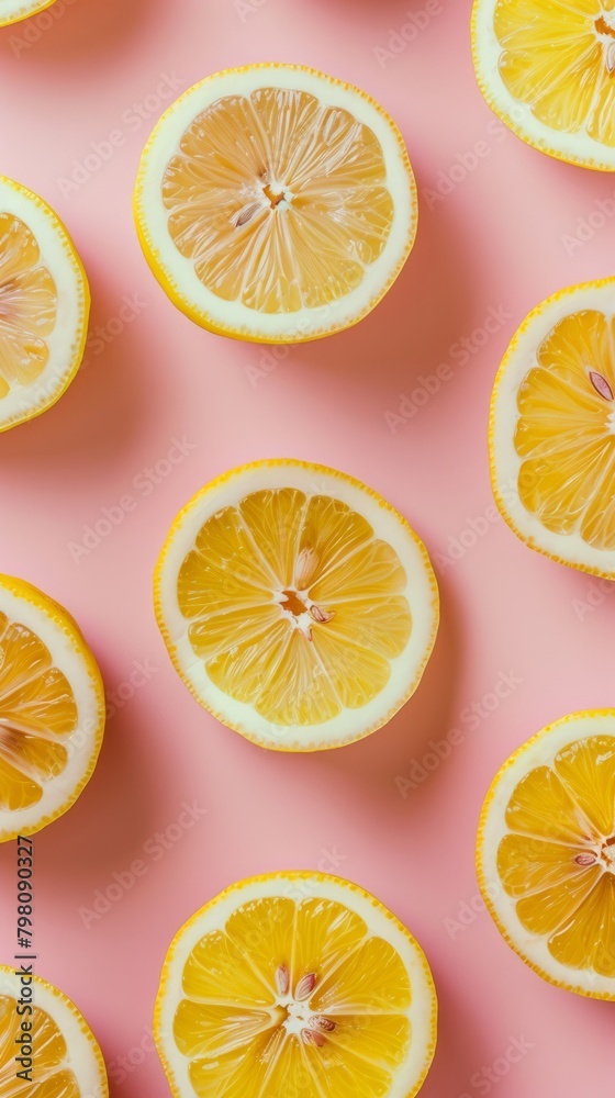 Top view of cut lemons neatly arranged on a pink surface, casting a fresh and citrusy vibe perfect for summer themes