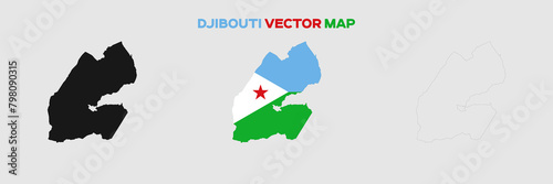 Djibouti Map Vector Pack. Map with Flag. Gray Map Silhouette. Gray Outline Map. Editable EPS file.
