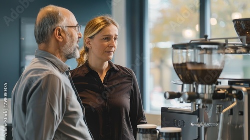 couple in cafe, An employee woman and a supervisor male stand talking to each other at the coffee machine during break time 