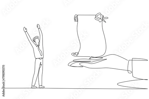 Continuous one line drawing the businessman was excited to get roll of stamped paper from the giant hand. Award as the most successful businessman. Success. Single line draw design vector illustration