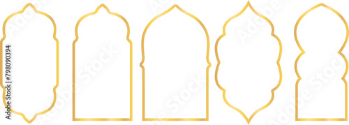 Set of gold doors and windows silhouette, Arabian arch frame. Arabic traditional architecture icons.